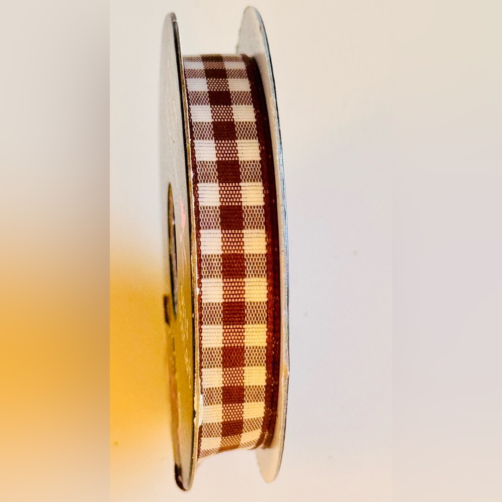 3/8” Brown & White Plaid Gingham Checkered Ribbon
